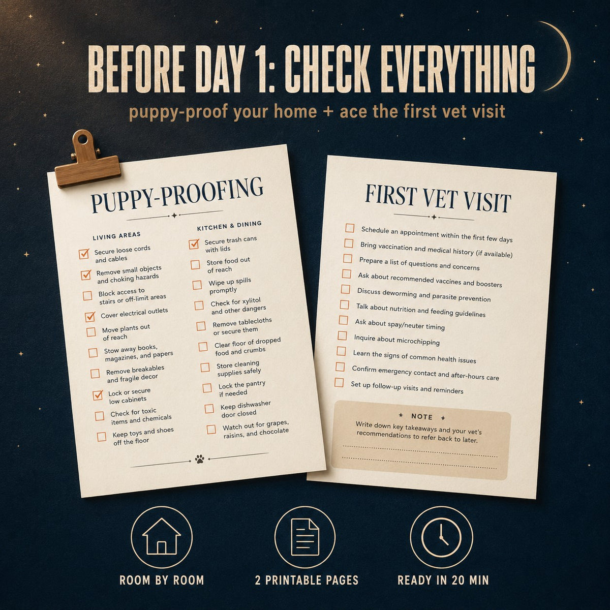 First Vet Visit + Puppy-Proofing Checklist (Instant PDF)