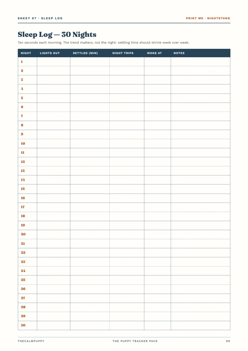 Sleep log, 30 nights